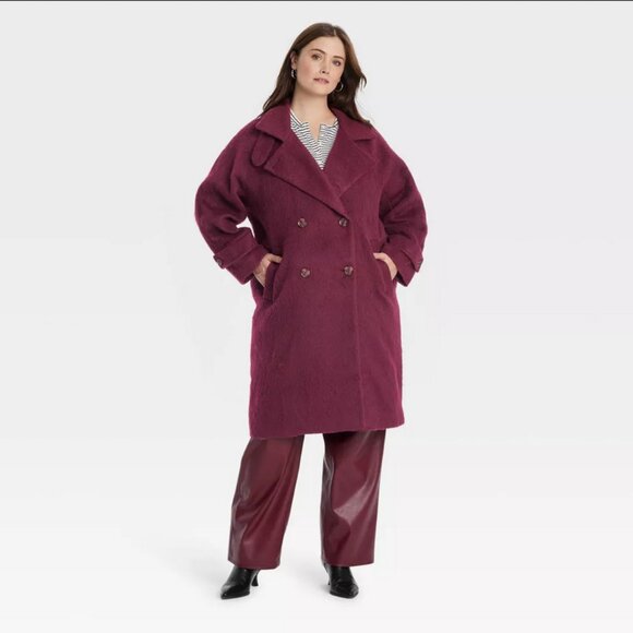 Women's Double Breasted Cocoon Overcoat - Universal Thread Maroon M - Picture 3 of 4
